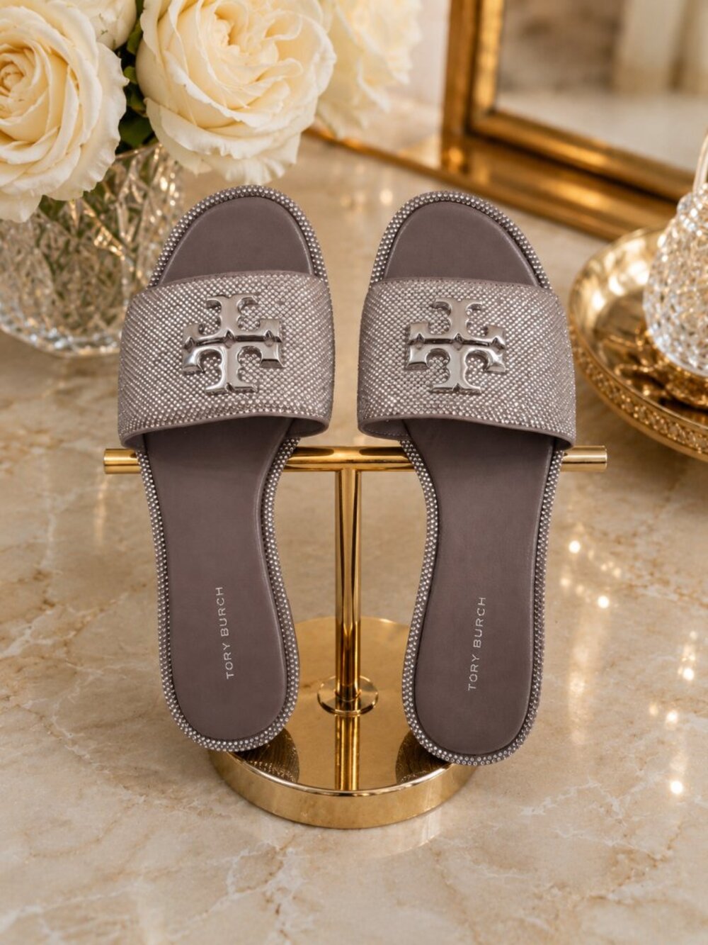 Tory Burch Crystal Silver Everly Slides